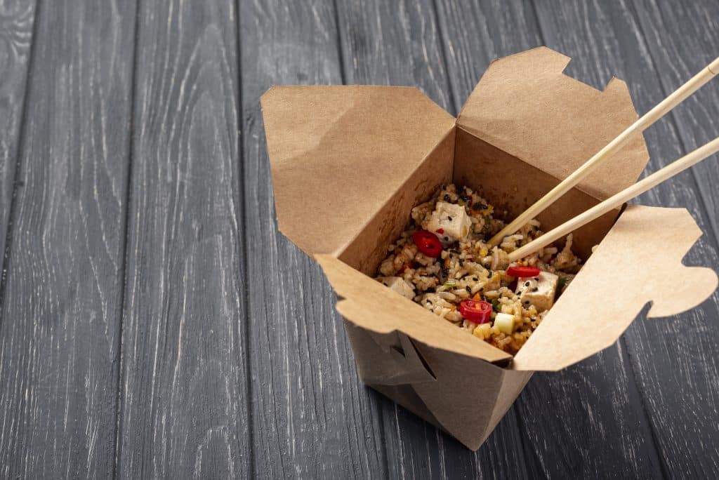 high angle rice vegetables takeaway chopsticks with copy space